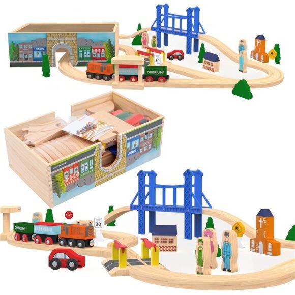 52 Pcs Deluxe Wooden Train Set with Wooden Storage Box Tunnel - Picture 1 of 7